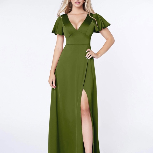 Azazie Lani Stretch Satin Bridesmaid Dress in Juniper Green - Picture 1 of 5